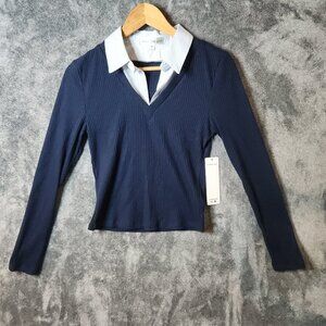 Steve Madden Womens M Long Sleeve Collared Twofer Top Sweater NWT Blue Career